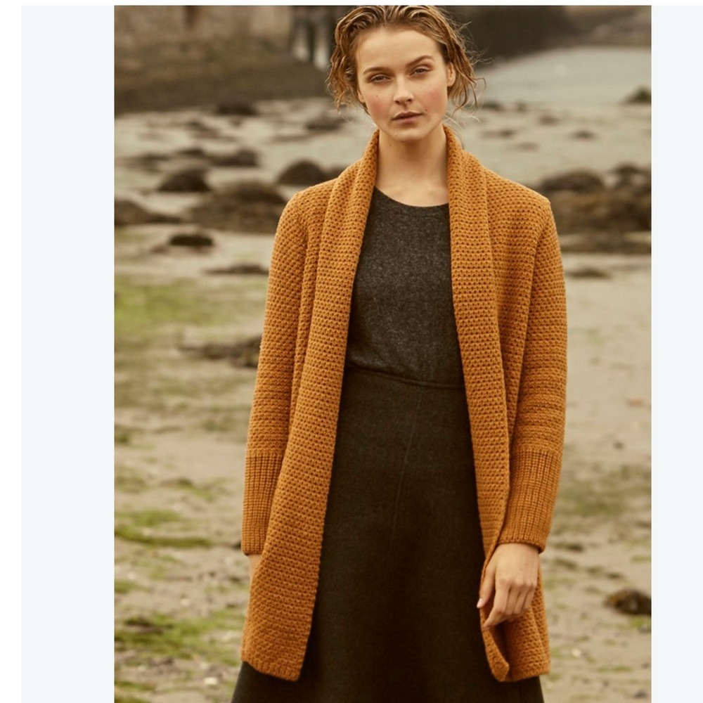 Aran Textured Merino Wool Cardigan Sweater Womens XL Yellow Fall Romantic Boho